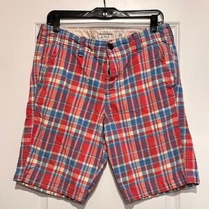 Abercrombie & Fitch Red and Blue Plaid Flat Front Men's Shorts
